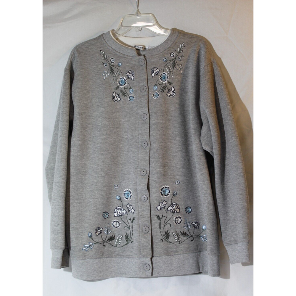 Bonnie Evans Gray Floral Embroidered Button-up Jersey Knit Cardigan Women's 2X